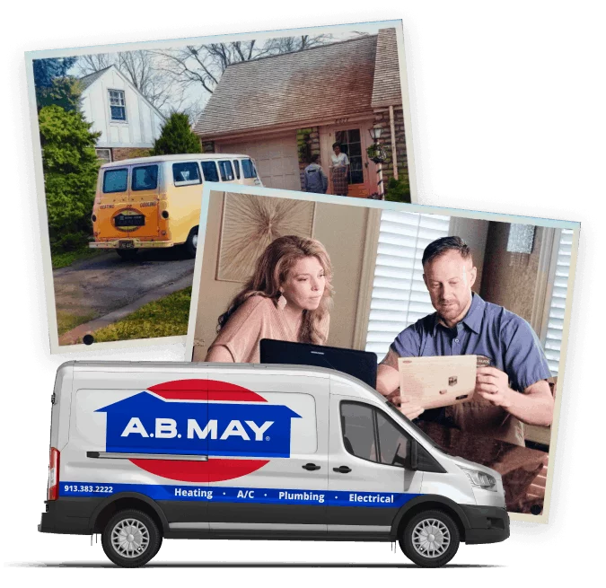 One photo of a home, one photo of a couple cooking at an iPad, and one image of an AB May van